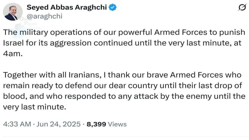 Iranpress: عراقجي يشيد بالقوات المسلحة الإيرانية لردها على العدو حتى اللحظة الأخيرة