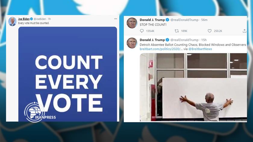 Iranpress: Trump-Biden clash in twitter: Stop vs keep counting
