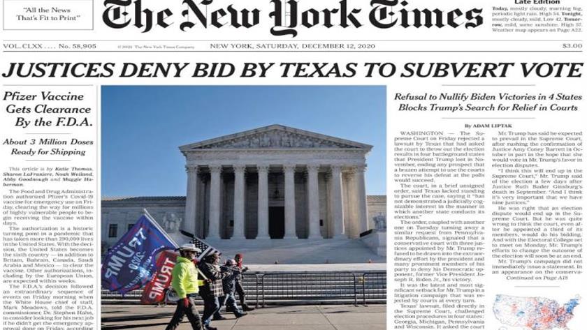 Iranpress: World newspapers: Supreme Court Rejects Texas Suit Seeking to Subvert Election