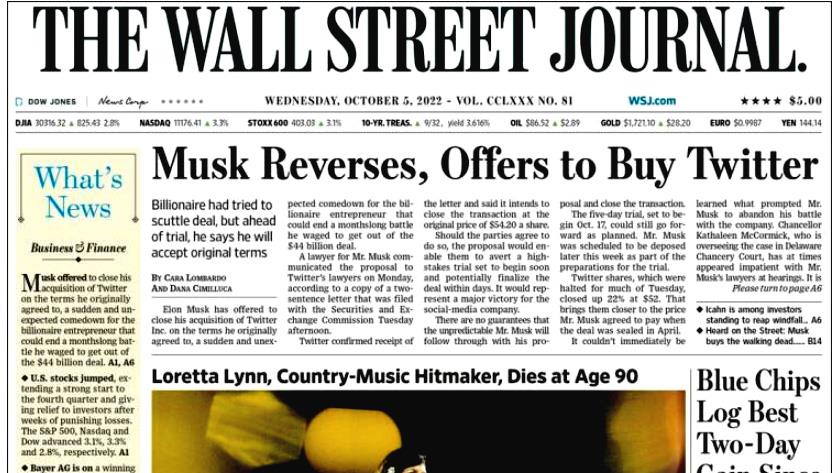 Iranpress: World newspapers: Mask reverses; Offers to buy Twitter