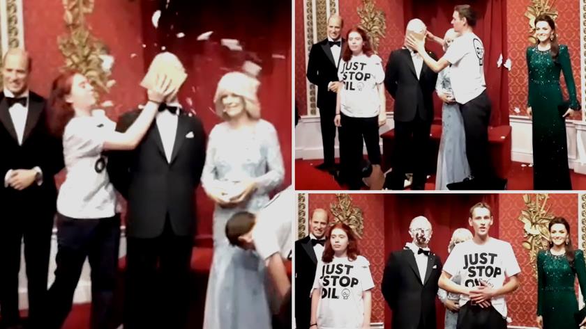 Iranpress: UK police arrests Climate activists for throwing cake on King Charles waxstatue
