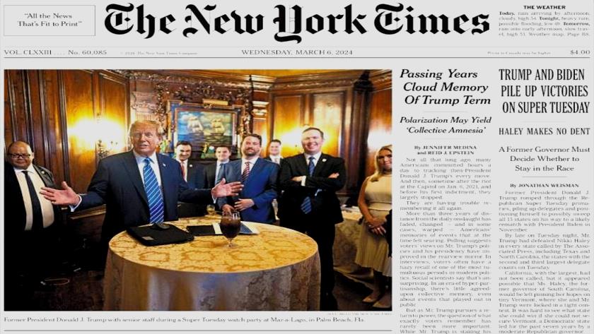 Iranpress: World Newspapers: Trump and Biden pile up victories on super Tuesday