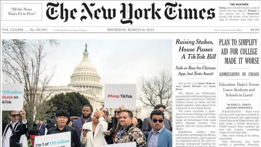 Iranpress: World Newspapers: Raising stakes, US House passes a TikTok bill