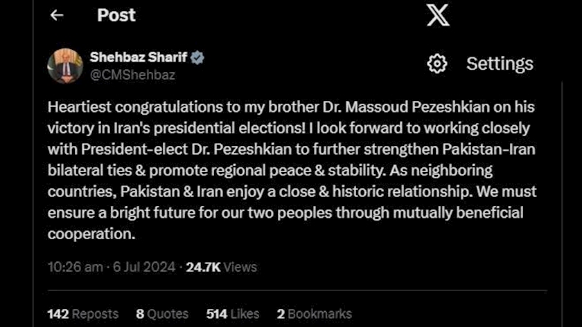Iranpress: Pakistani PM Hopes Victory of Pezeshkian Will Help Peace in Region