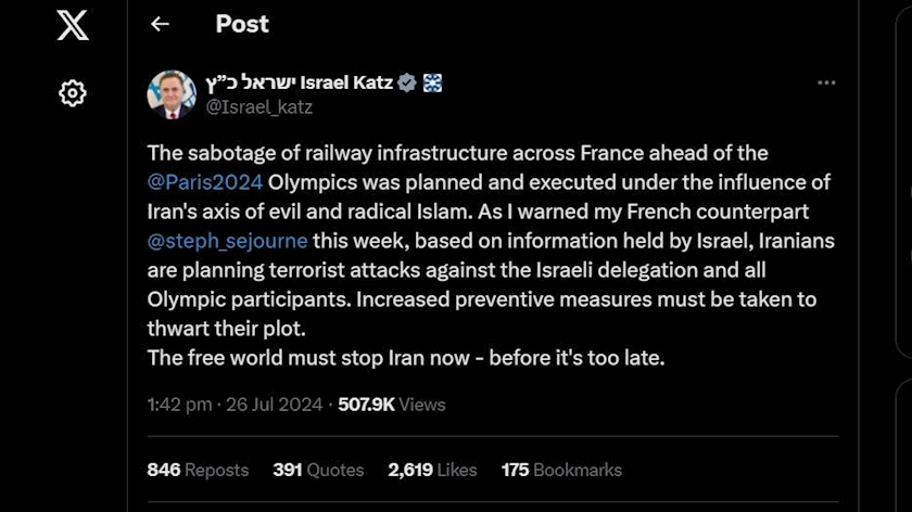 Iranpress: Israel Katz Blames Iran for Sabotage of French Trains