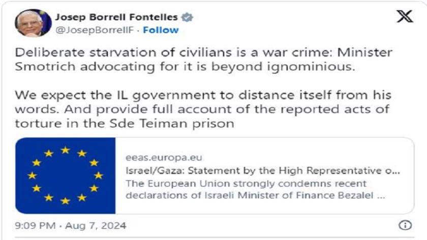 Iranpress: Borrell Condemns Comments of Israeli Finance Minister