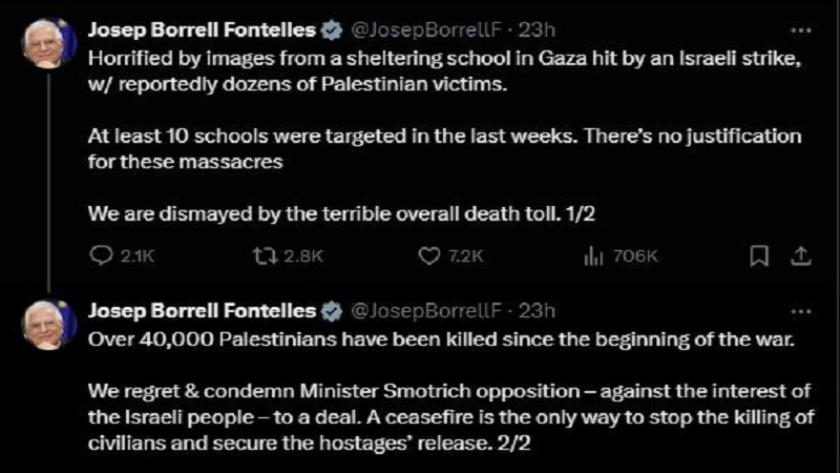 Iranpress: Borrell horrified by Images of Gaza School Hit by Israeli Strike